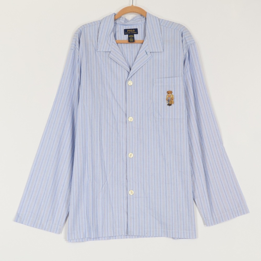Polo Ralph Lauren Pajama Top Men L Blue Striped Polo Bear Sleepwear PJs Preppy